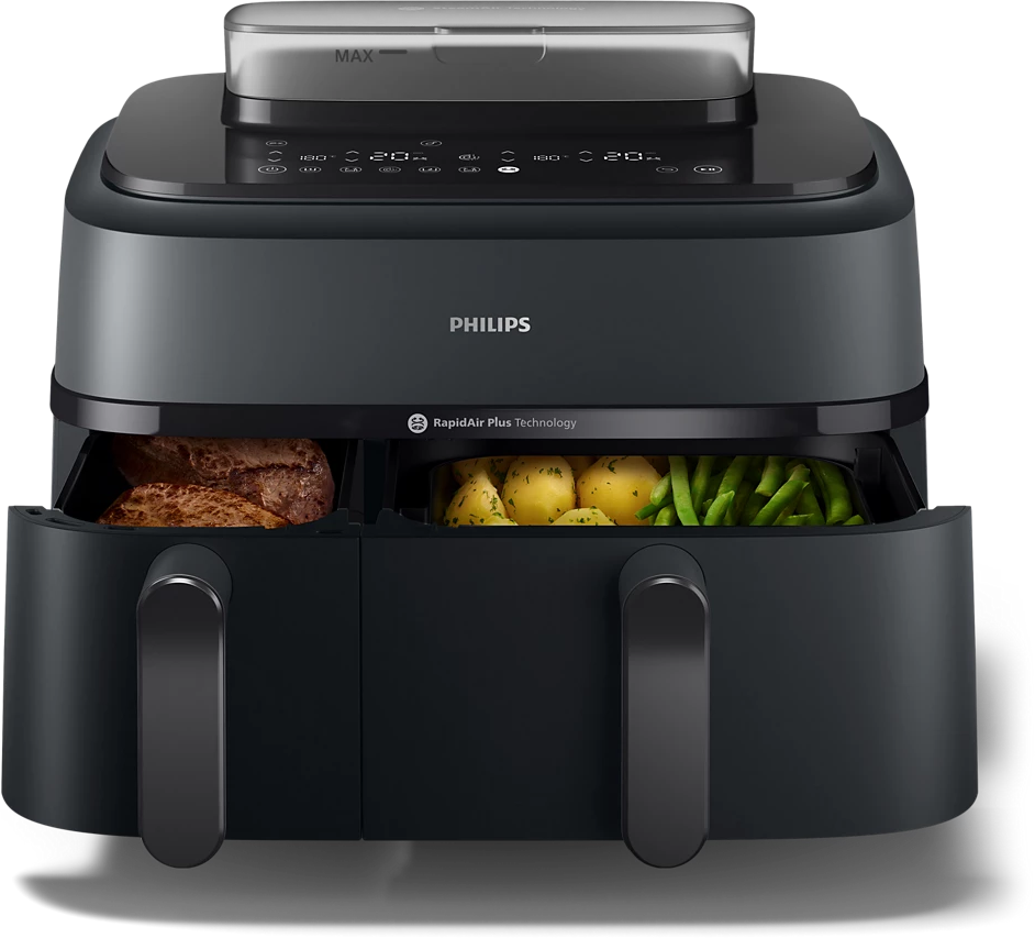 Nyitott fekete Philips légkeveréses sütő, benne étellel. Rapid Air Plus technológiával. Ezüst fogantyúk láthatók.