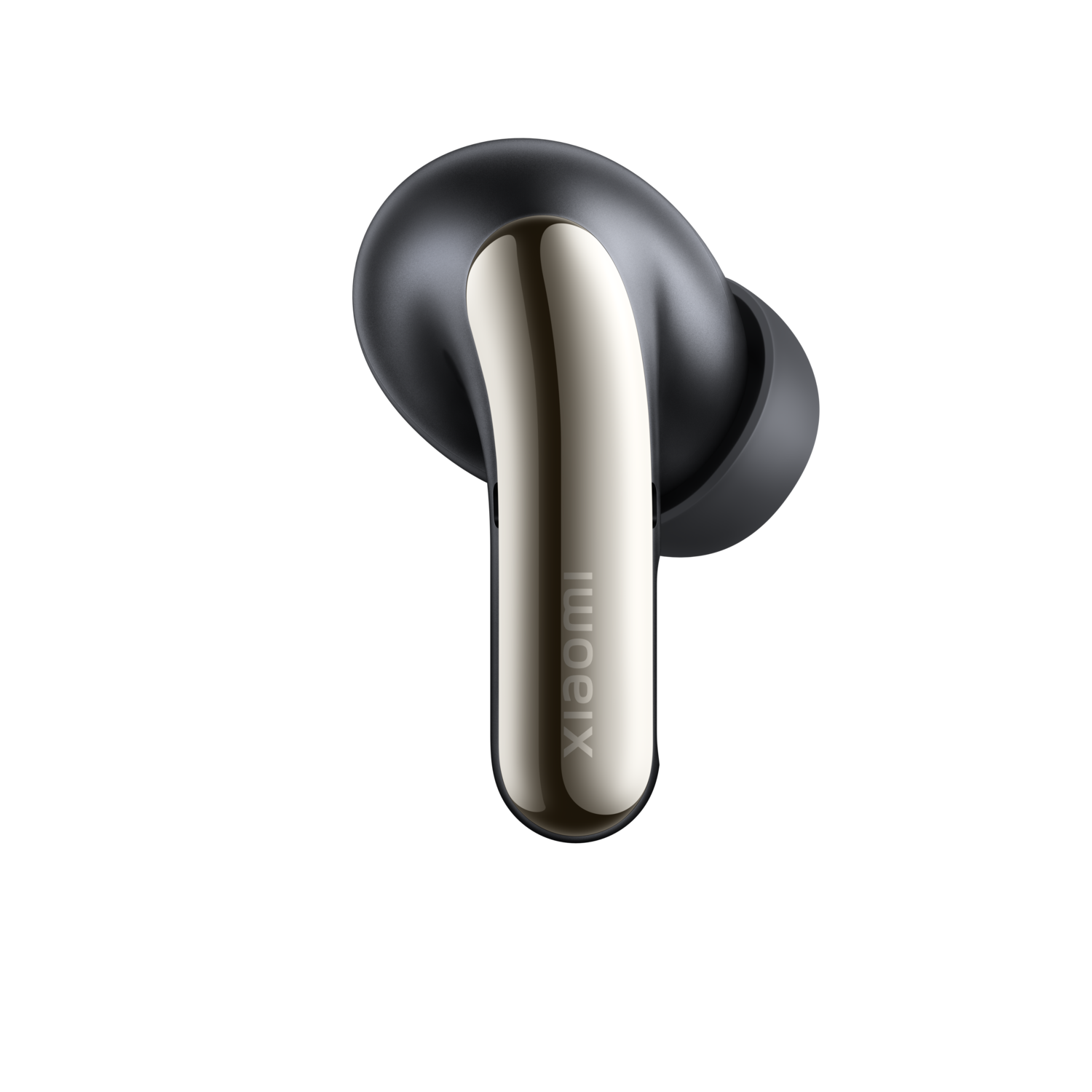 Close-up van een zwarte en gouden oortelefoon met Xiaomi-branding, zwarte achtergrond.