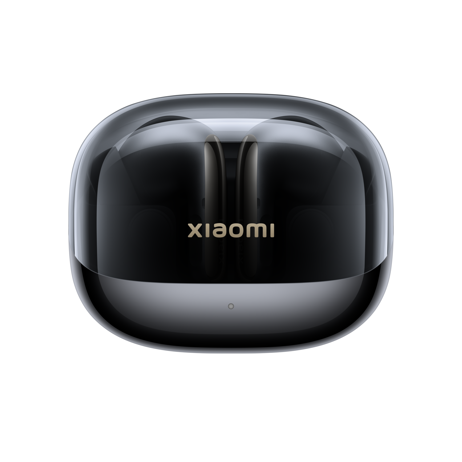 Zwarte Xiaomi oordopjes in een transparante case, tegen een zwarte achtergrond. De merknaam is zichtbaar.