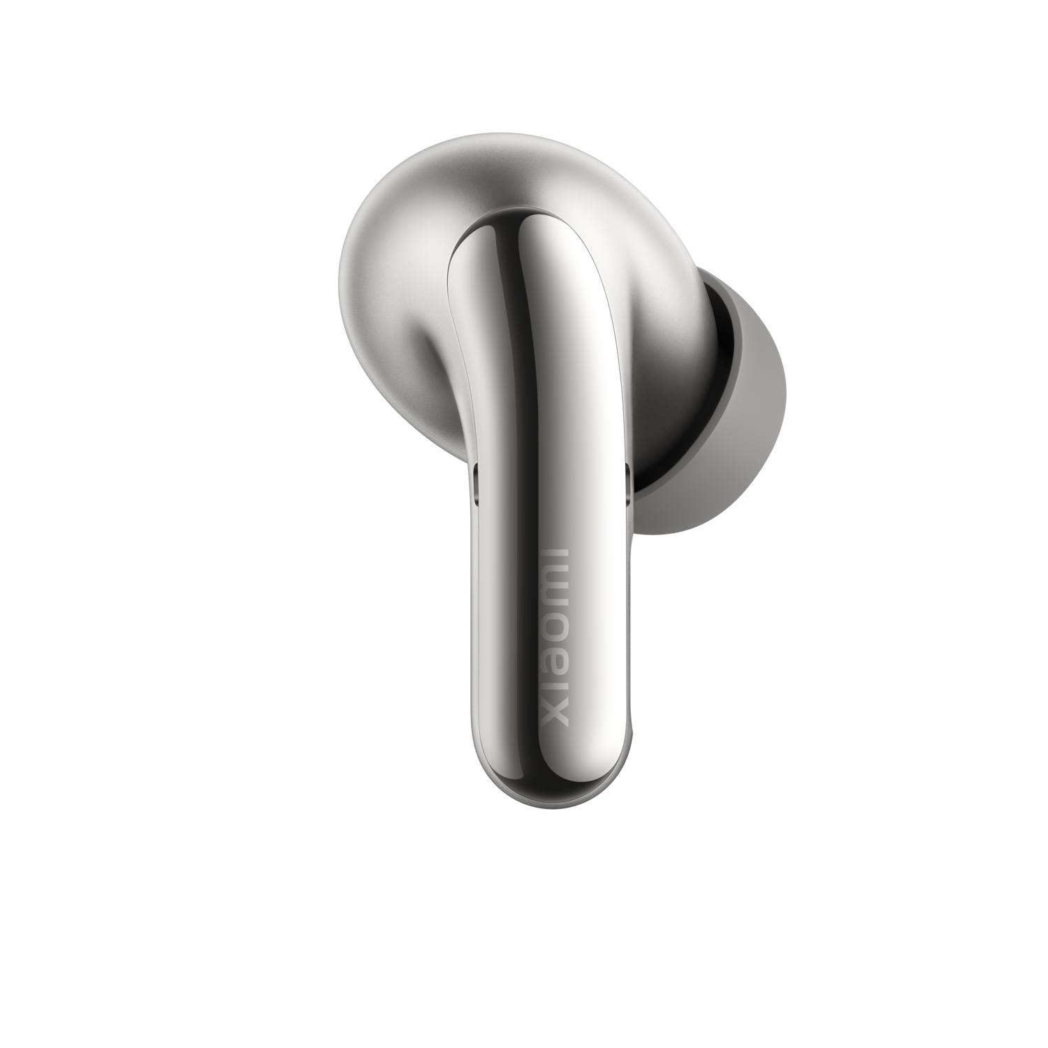 Enkele zilveren oordop met grijze tip, op zwarte achtergrond. Xiaomi-logo op de steel.