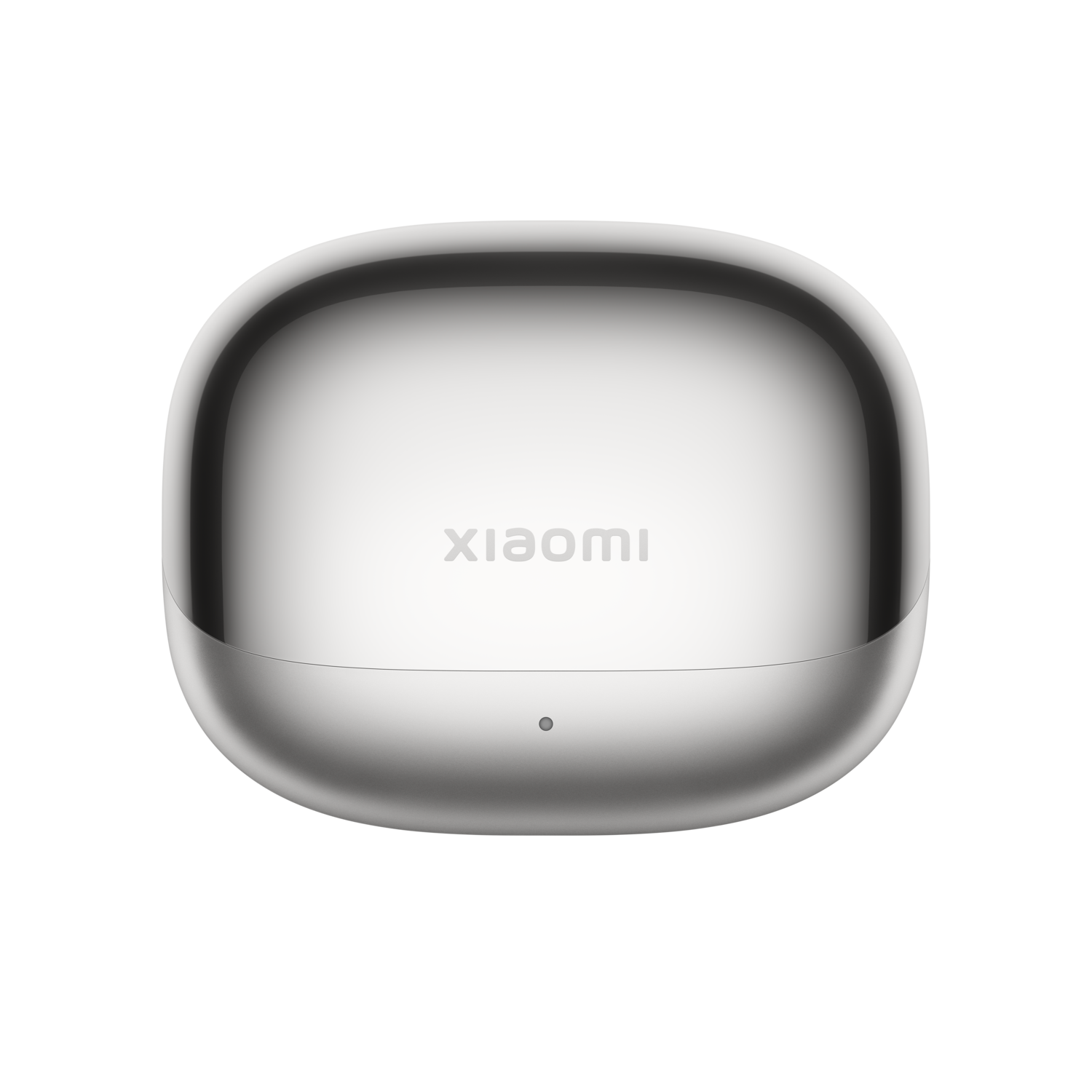Zilveren Xiaomi oortjes case met de merknaam op een zwarte achtergrond. Een klein lampje is zichtbaar.