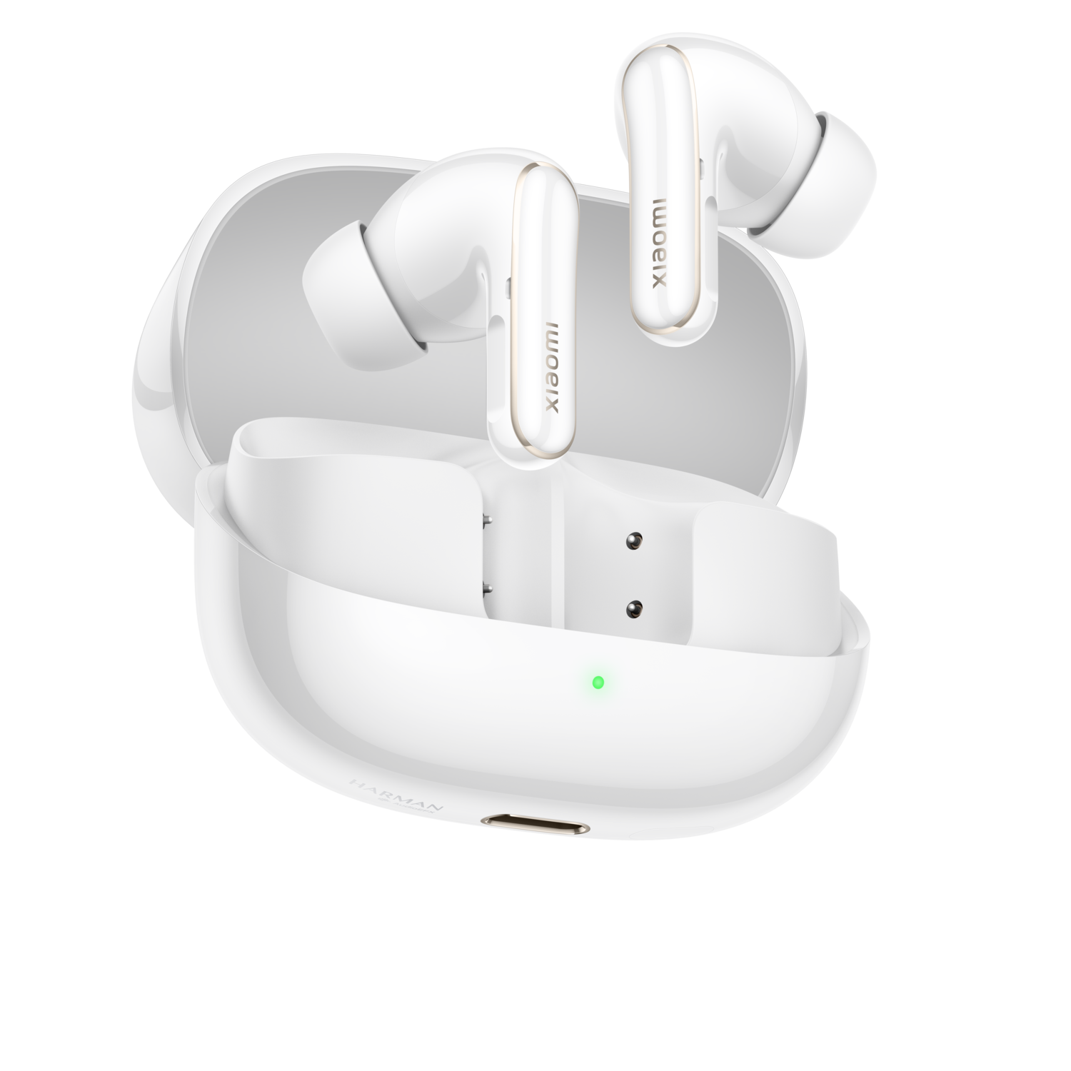Witte Xiaomi oordopjes in open etui, met groen licht. Oordopjes zijn wit met gouden accenten.