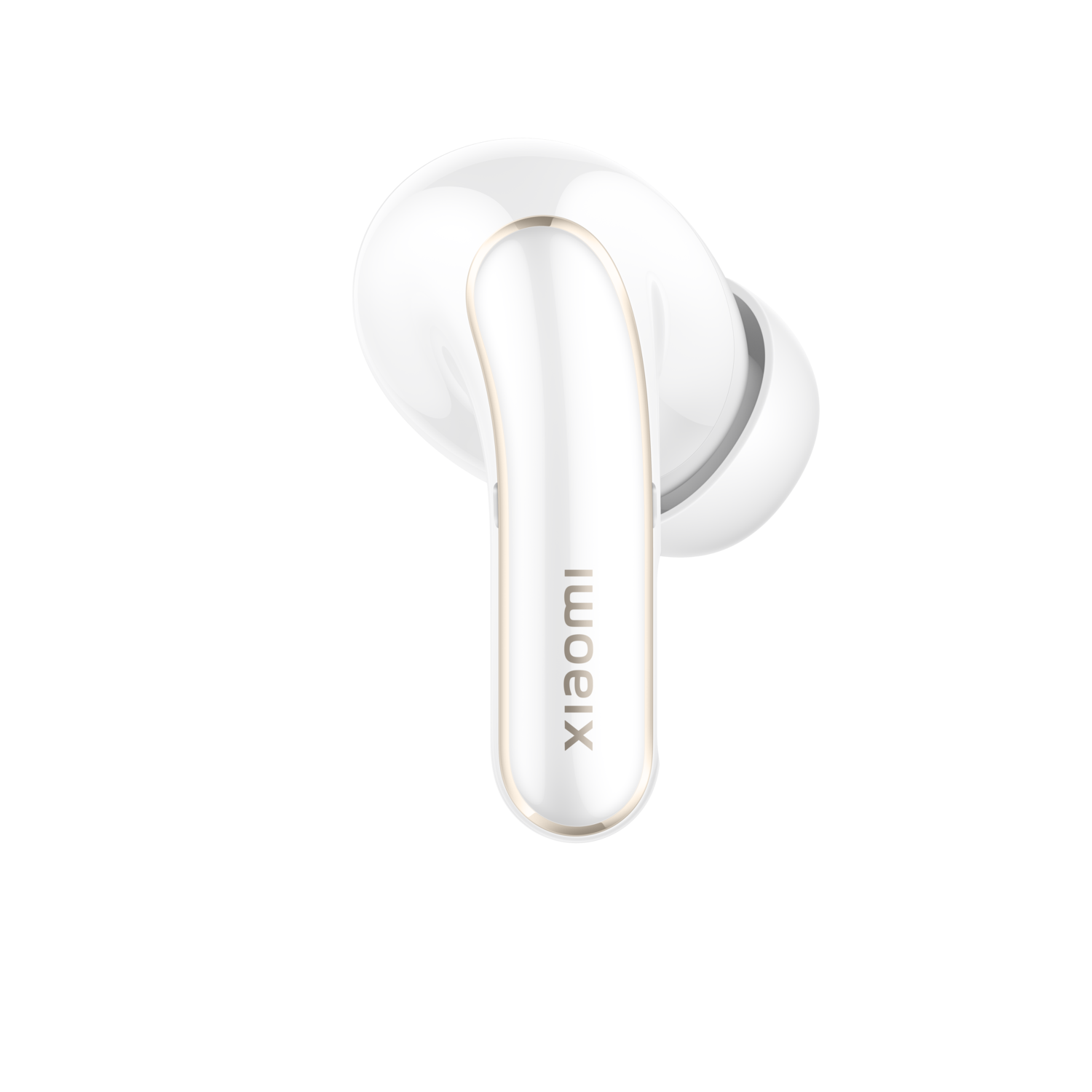 Een enkele witte Xiaomi oordop met gouden accenten, geïsoleerd op zwarte achtergrond. De oordop staat scherp.