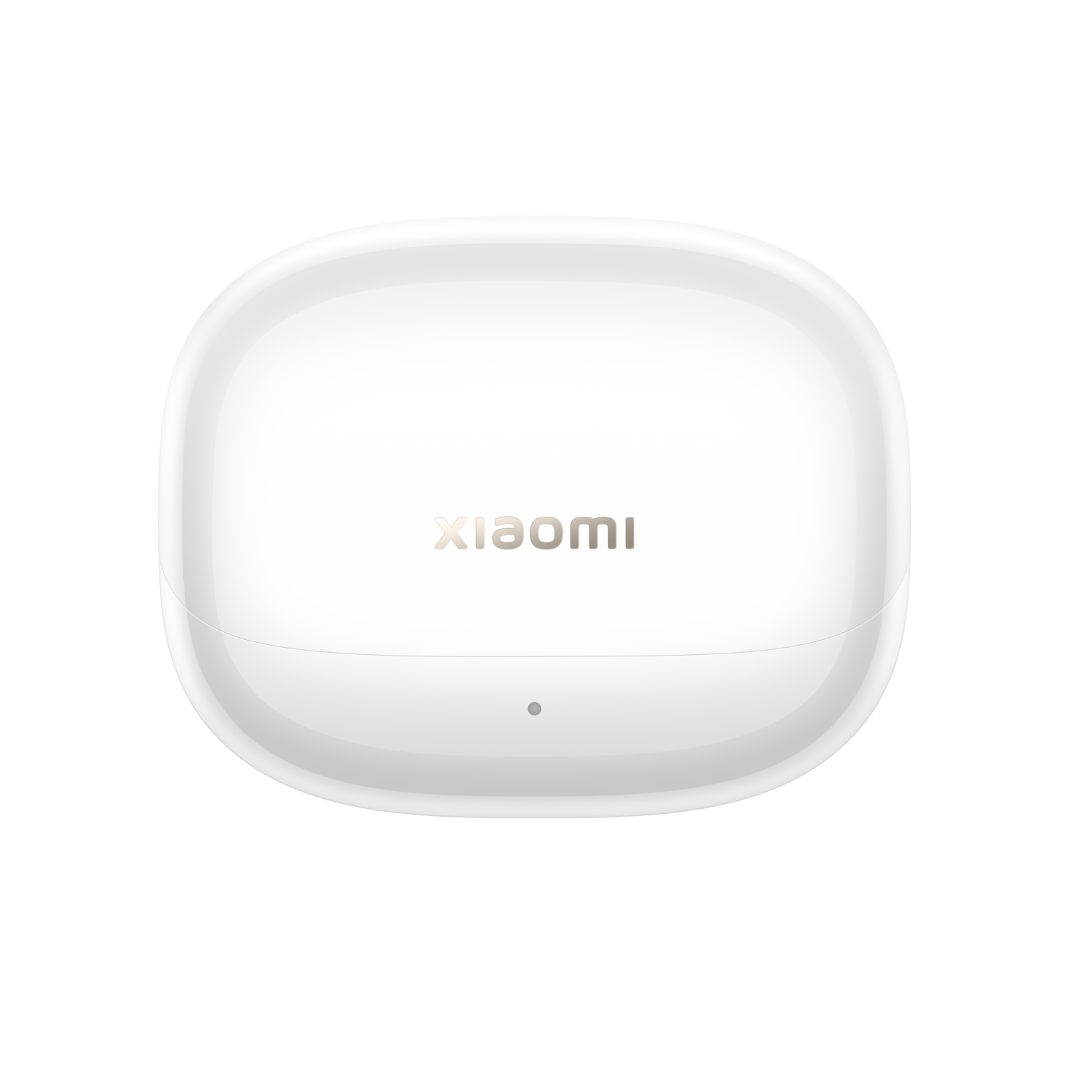 Witte Xiaomi oplaadcase voor oordopjes, ovale vorm, logo bovenop, gecentreerd klein licht.