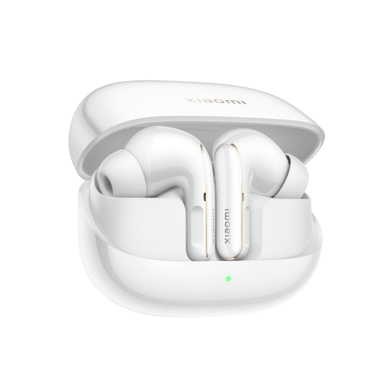Witte Xiaomi oordopjes in geopende oplaadcase. Oordopjes staan rechtop, case heeft logo en groen licht.