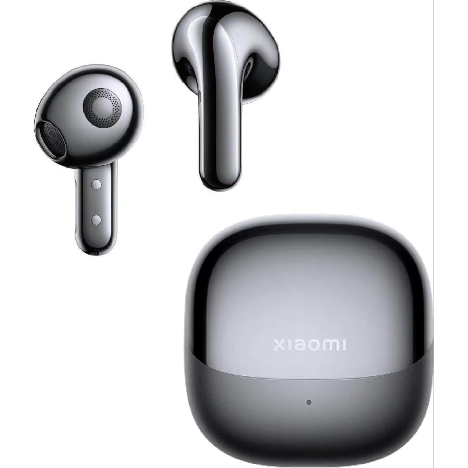 Two black earbuds and a charging case. The case has 'Xiaomi' text on it.