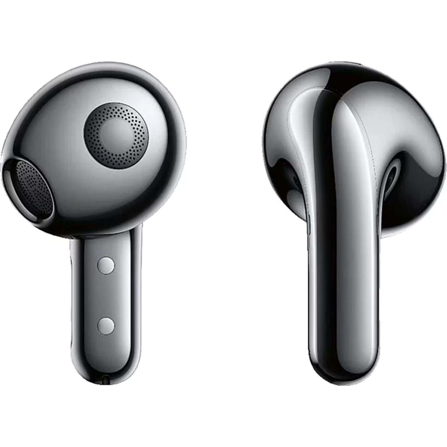 Two silver wireless earbuds. One angled left, the other right, both with a shiny metallic finish, white background.