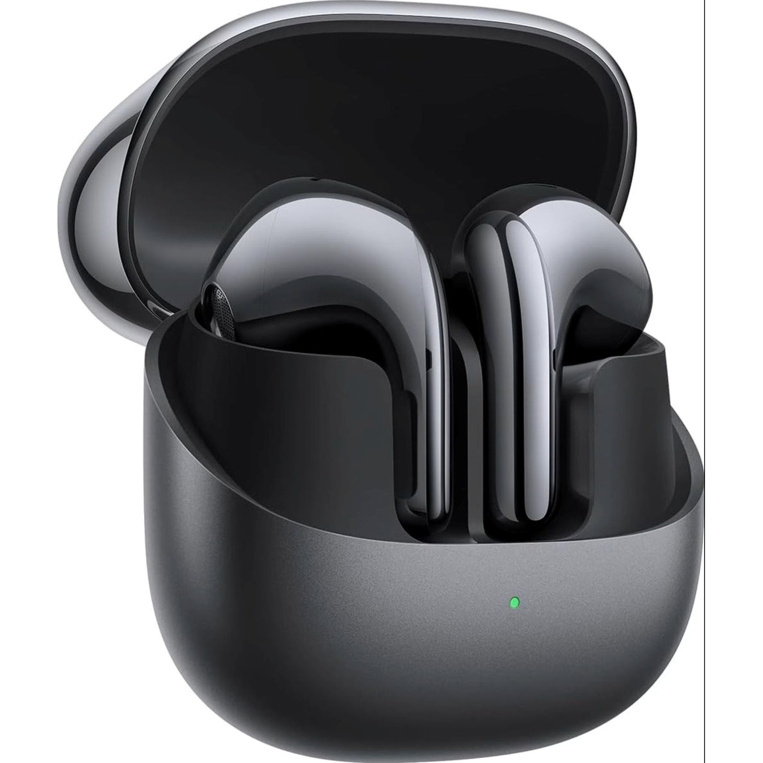 Two silver wireless earbuds in a black charging case with the lid open, a green light is visible, white background.