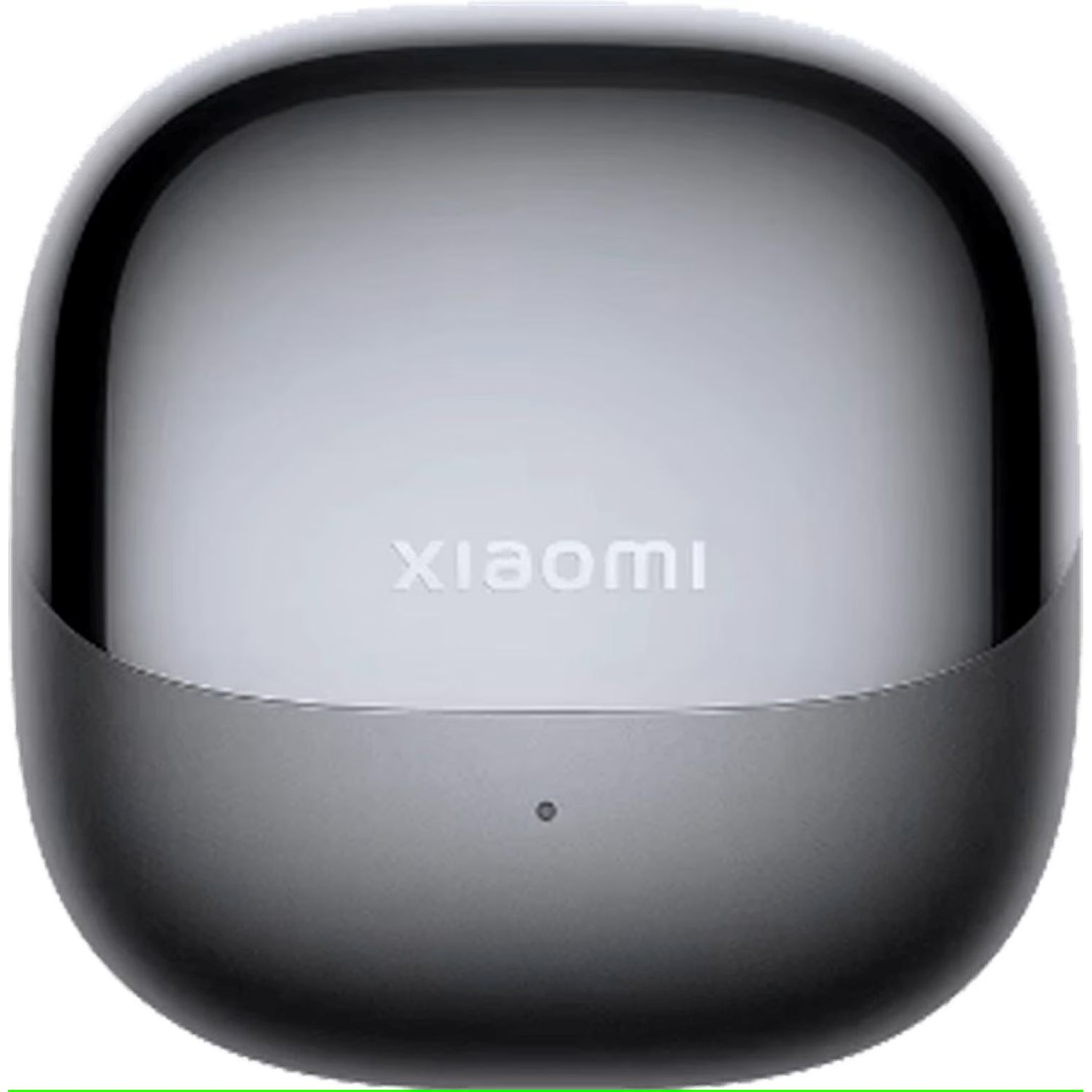 Closed gray Xiaomi earbud case. Silver top, dark gray bottom. Xiaomi logo at front. Small light at the bottom.