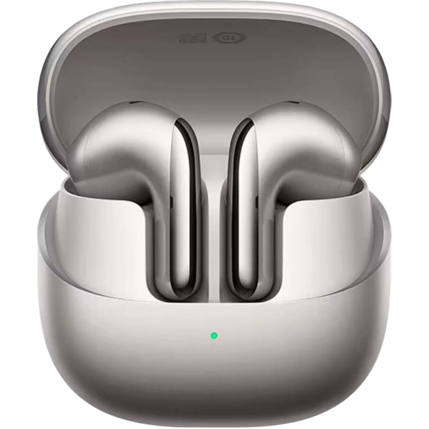 Open grijze Xiaomi oortjes case. Twee zilveren oortjes binnenin. Groen licht aan de basis. Case is zilver.