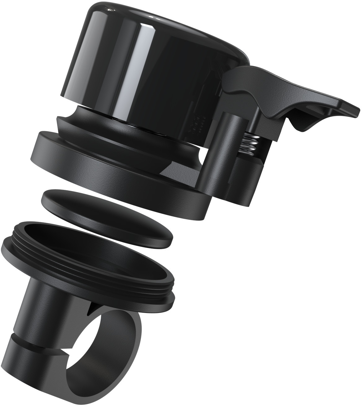 Czarny dzwonek rowerowy. Obrazek przedstawia widok rozstrzelony dzwonka.