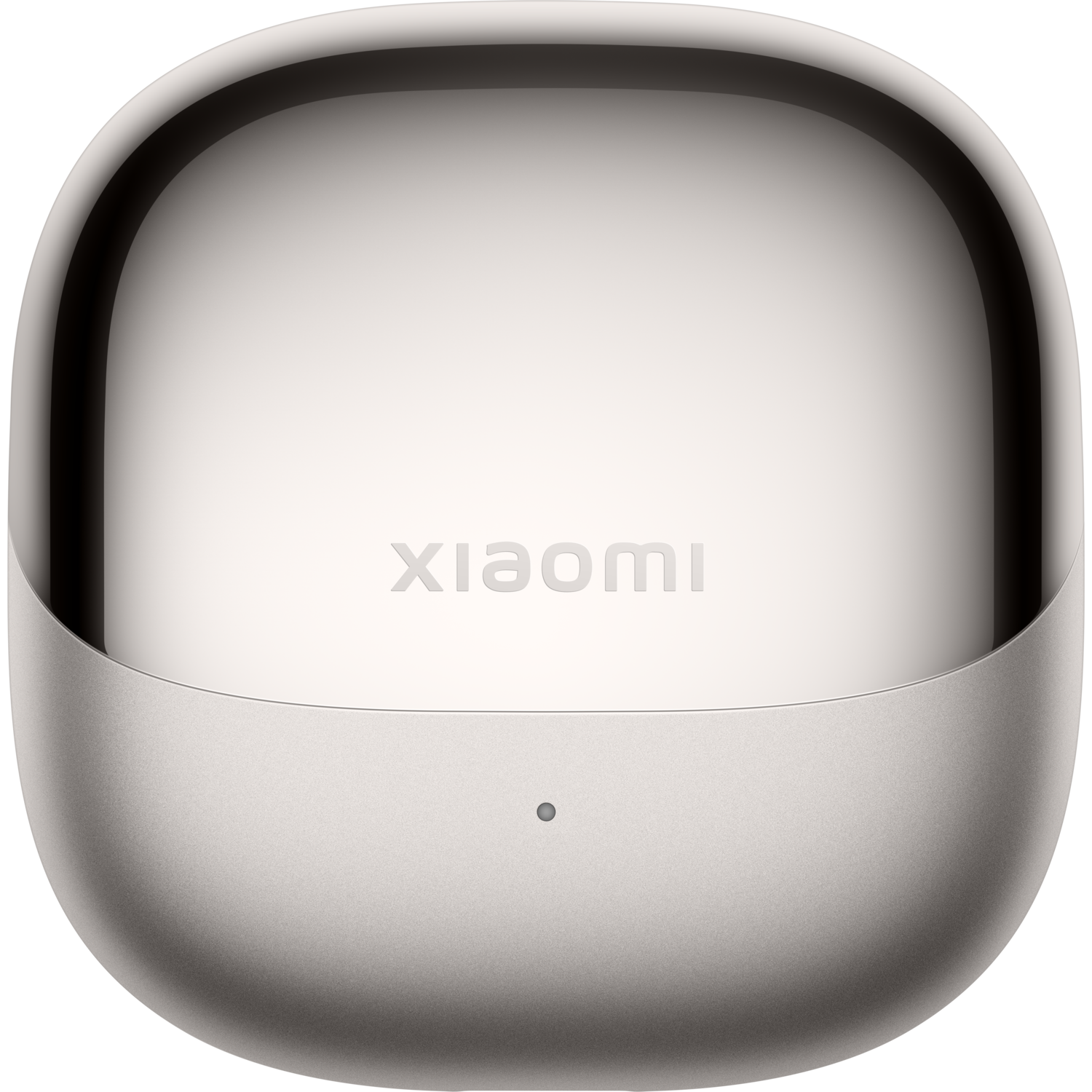 Gesloten zilveren oplaadcase met 'Xiaomi'-logo en een kleine stip eronder.