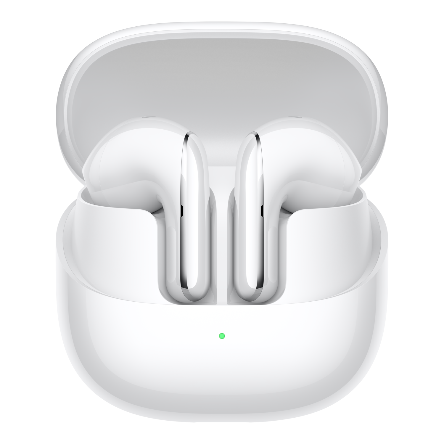 Witte oortelefoons in een open etui. Twee oortelefoons in de etui. De achtergrond is zwart.
