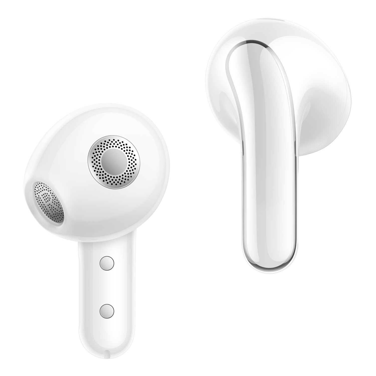 Twee witte oortelefoons op een zwarte achtergrond. Eén toont de speaker- en microfoongaten. De andere toont de zijkant.