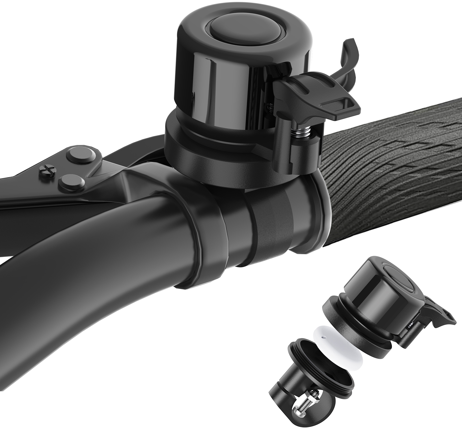 Czarny dzwonek rowerowy zamontowany na kierownicy. Elementy: dzwonek, pierścień, dźwignia.