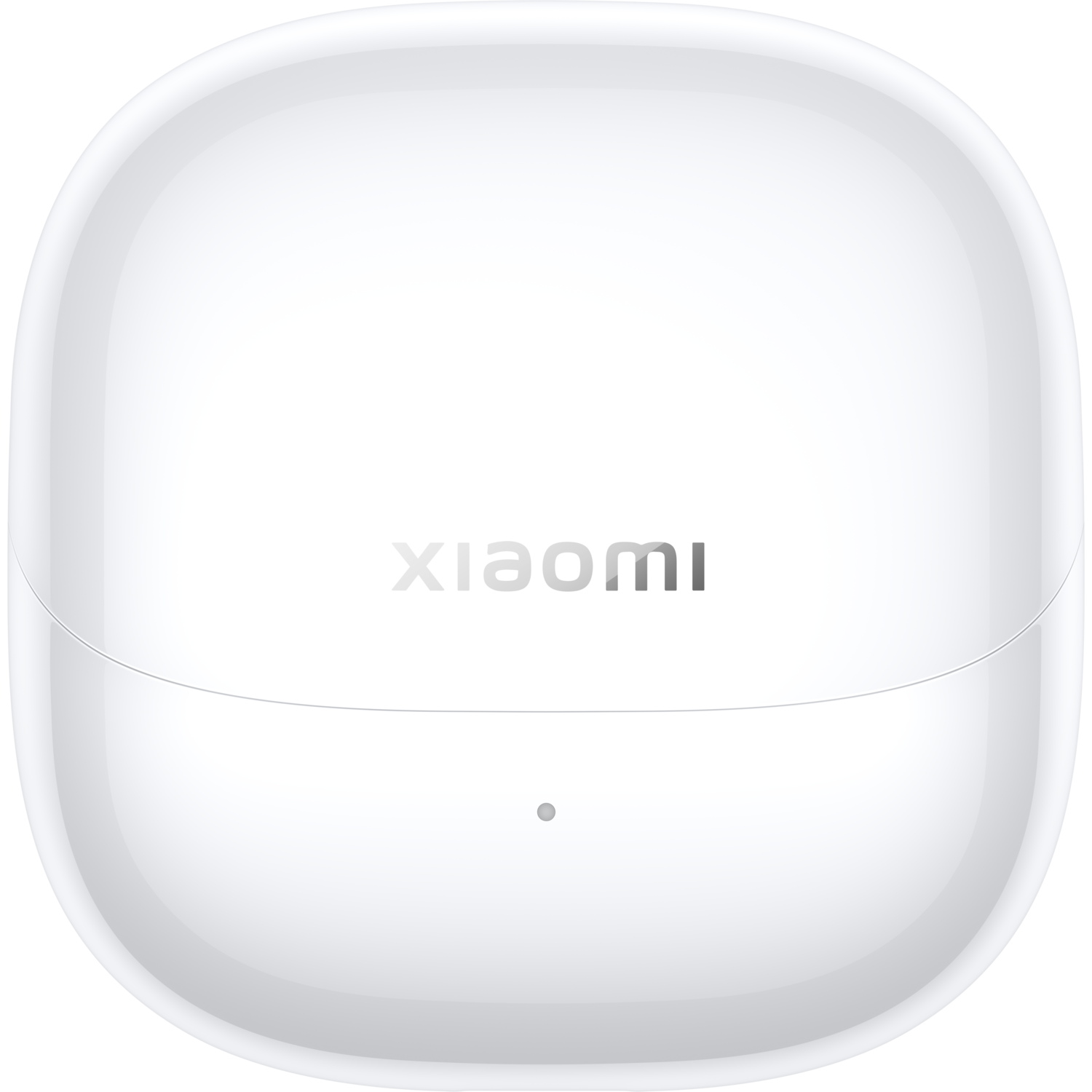 Witte gesloten oortelefoonhoes, Xiaomi-logo bovenop, kleine stip onderaan. Zwarte achtergrond.