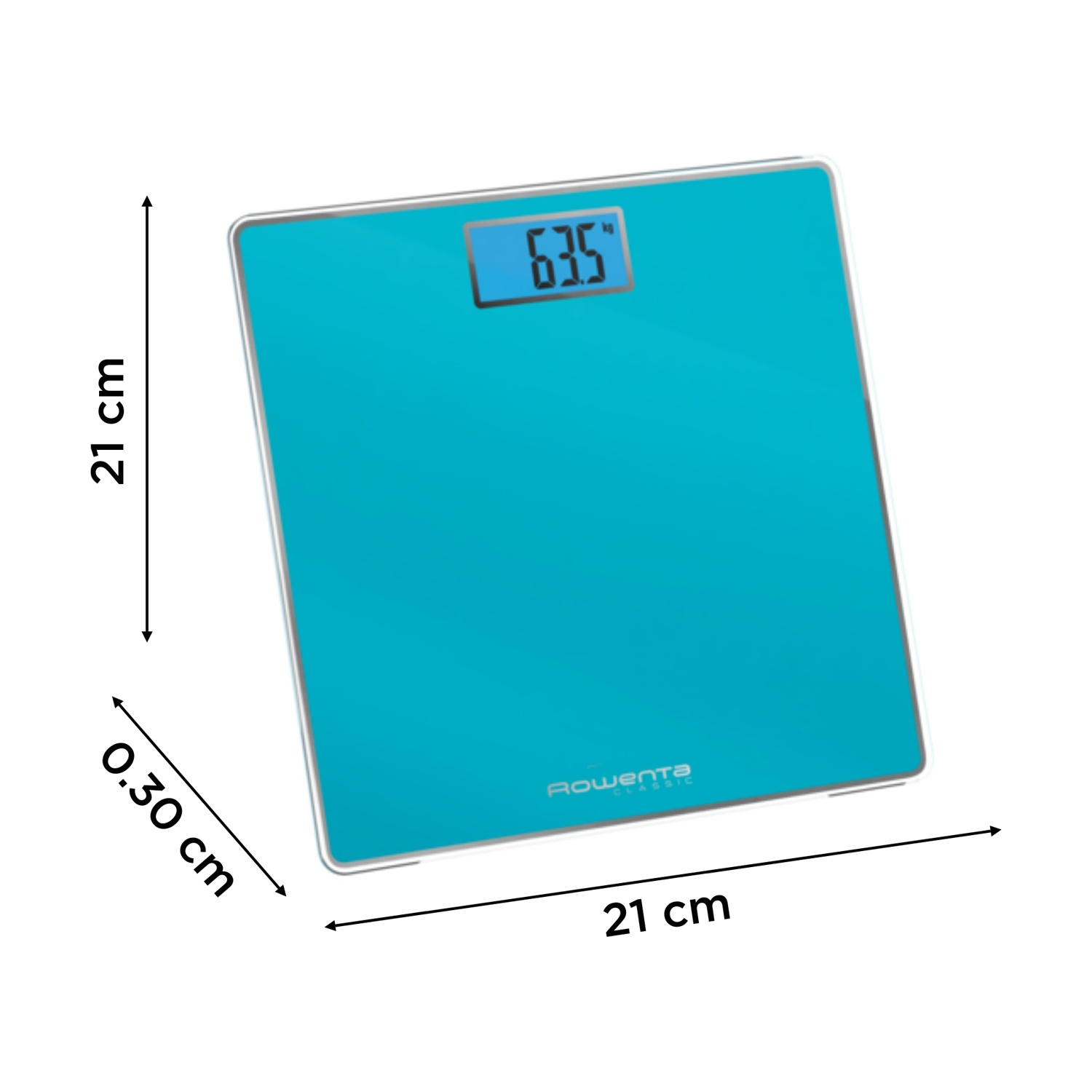 Una bilancia da bagno turchese con 63,5 visualizzato. Dimensioni: 21cm x 21cm x 0,30cm. Marchio: Rowenta.