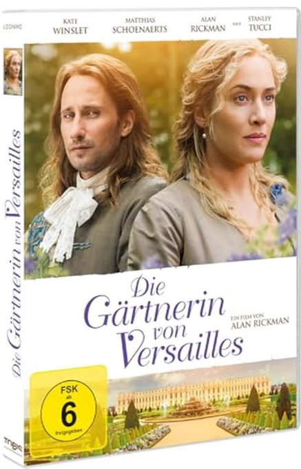 DVD-Cover. Kate Winslet und Matthias Schoenaerts auf dem Cover. Titel: Die Gärtnerin von Versailles. Bewertung 6, Palast-Hintergrund.