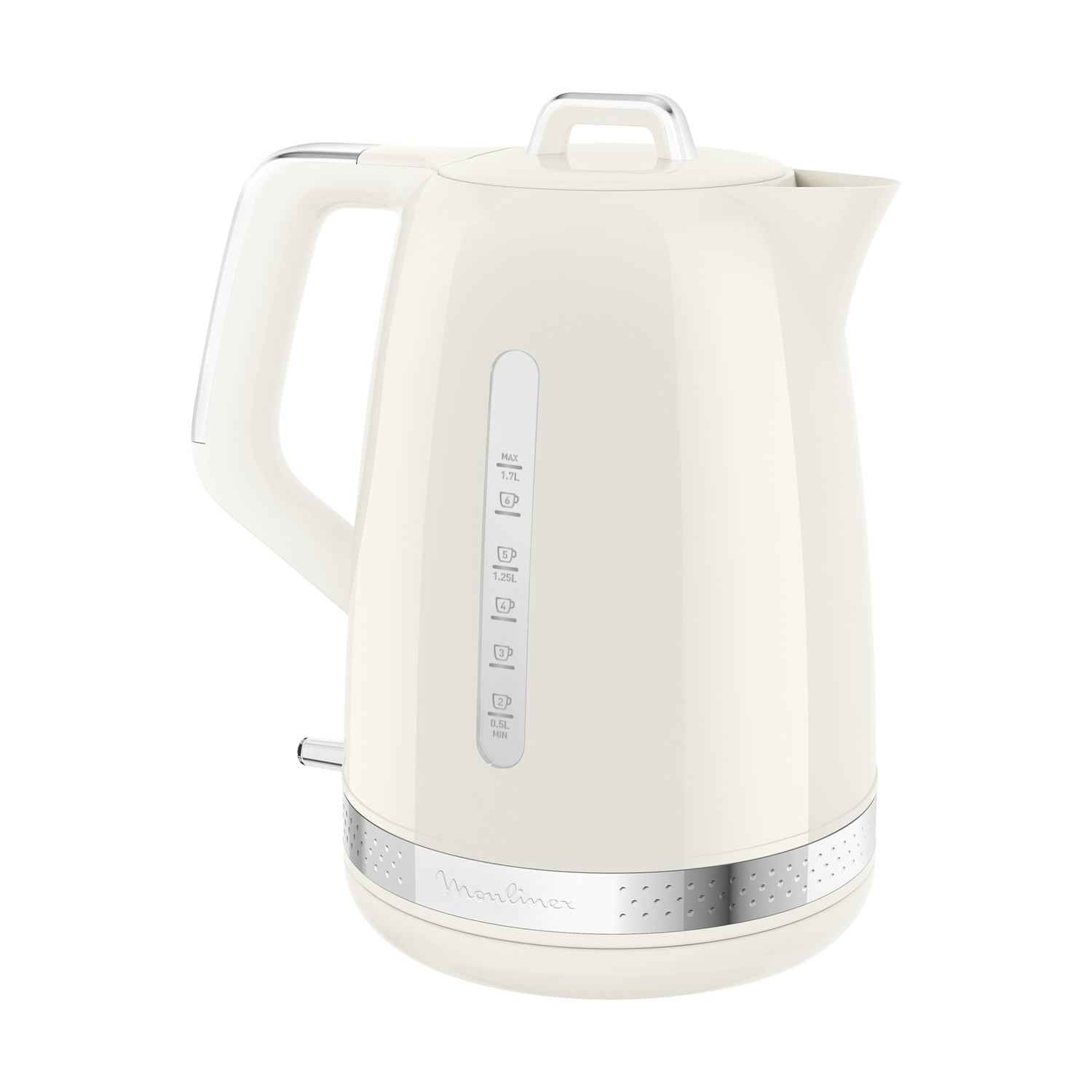 Bollitore elettrico color crema con dettagli argentati. Con manico, indicatore livello acqua e coperchio con manico.