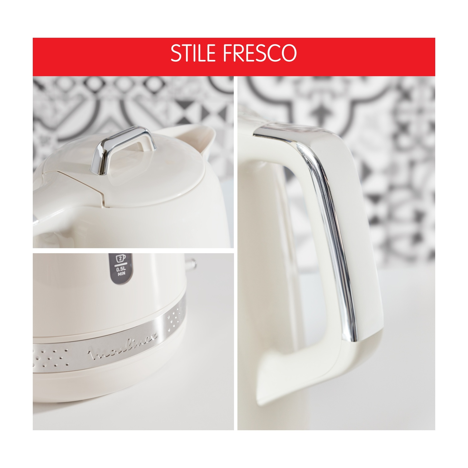 Bollitore color crema con dettagli cromati. Tre primi piani: coperchio, manico e base con il marchio.