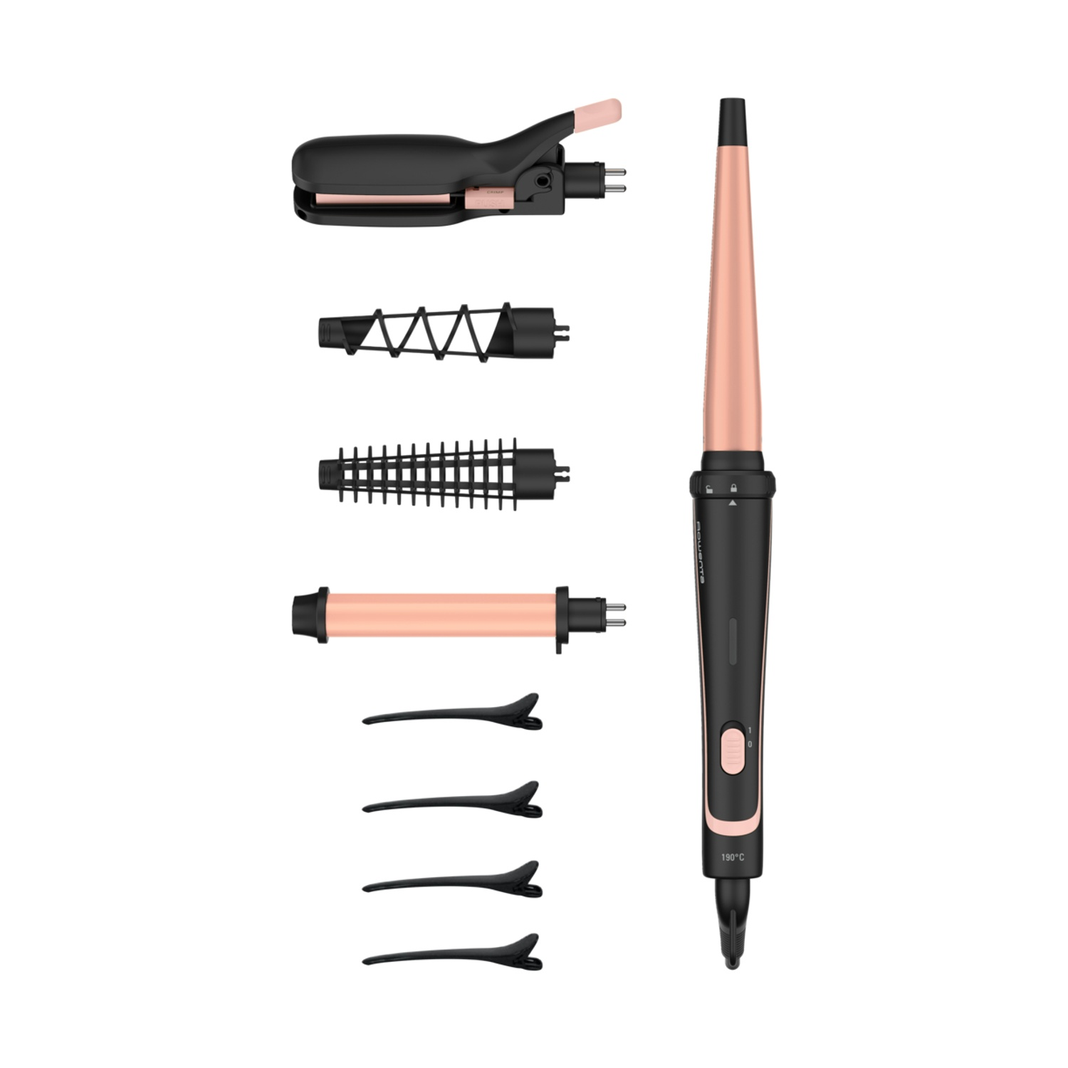 Set per arricciare i capelli nero e oro rosa. Include arricciacapelli, accessori e forcine.