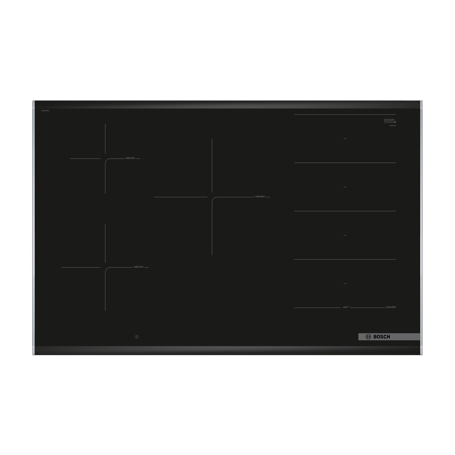 Piano cottura a induzione nero con indicatori del bruciatore e logo Bosch. Cornice argentata. Etichette a induzione visibili.