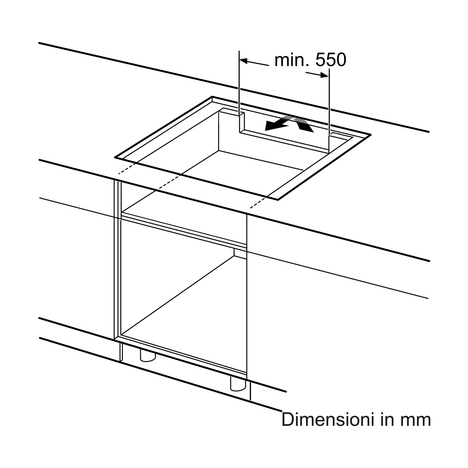 Diagramma di un incasso per piano cottura con dimensioni, un mobile sottostante e testo 'Dimensioni in mm'.