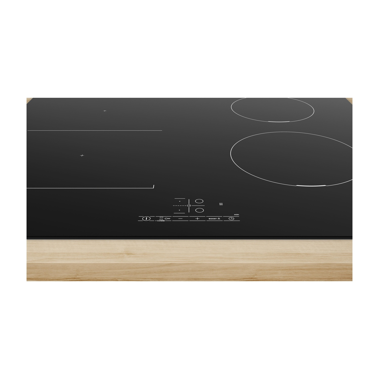 Piano cottura a induzione nero con quattro fuochi su superficie in legno, logo Bosch e comandi touch.