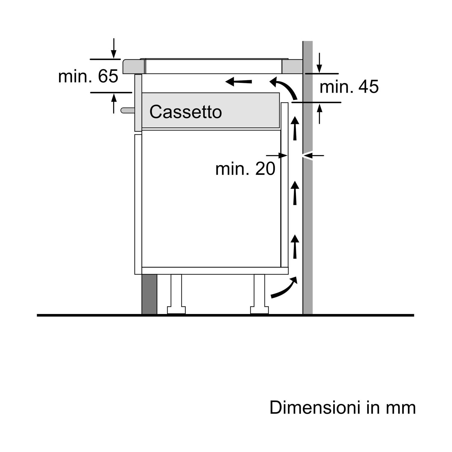 Il diagramma mostra un mobile con dimensioni in mm. 'Casseto' è etichettato. Frecce e misure indicano i requisiti di spazio.