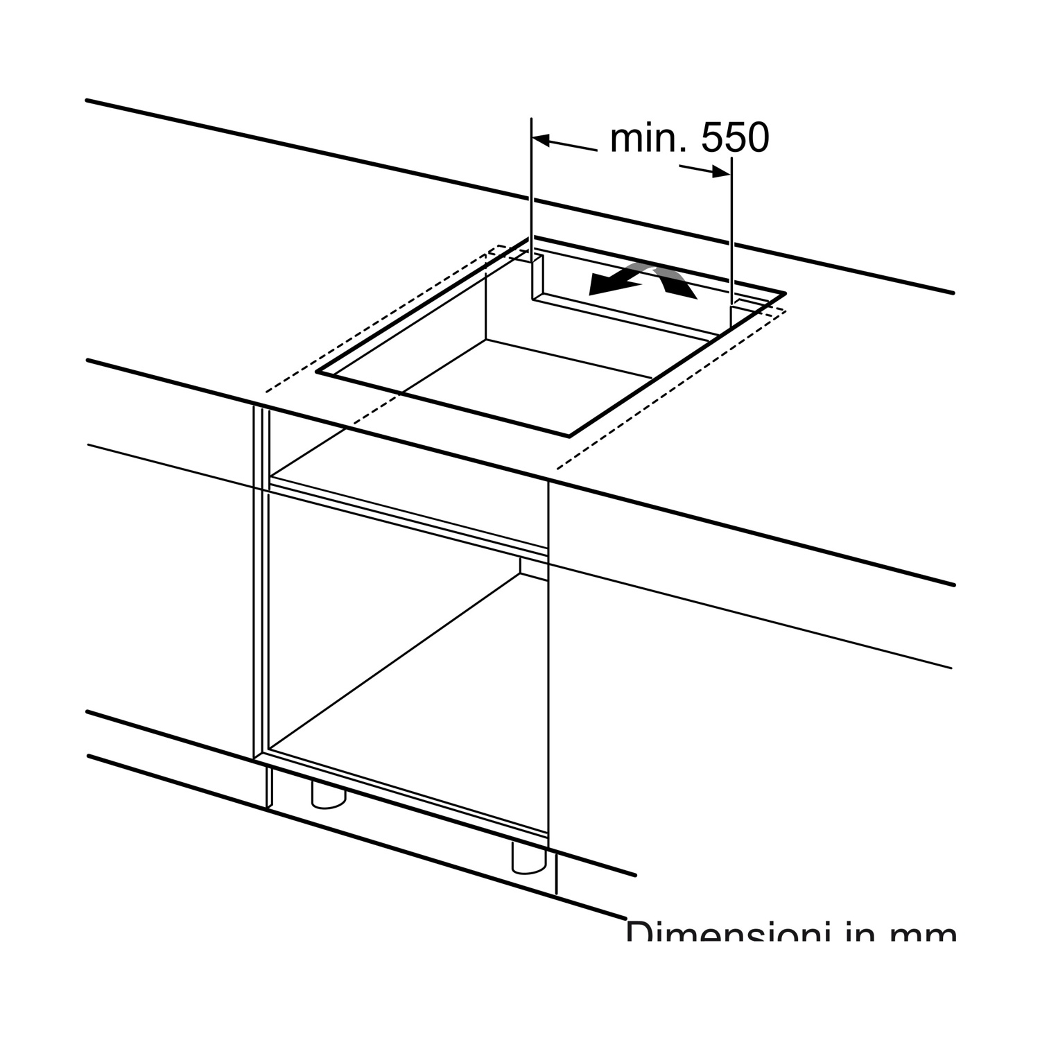 Schema di un mobile da cucina con incasso per piano cottura. Dimensioni indicate, minimo 550mm.