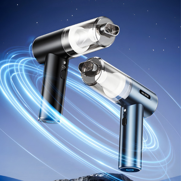 Dwa odkurzacze ręczne, jeden czarny, jeden niebieski, z przezroczystymi dyszami, na niebieskim tle.