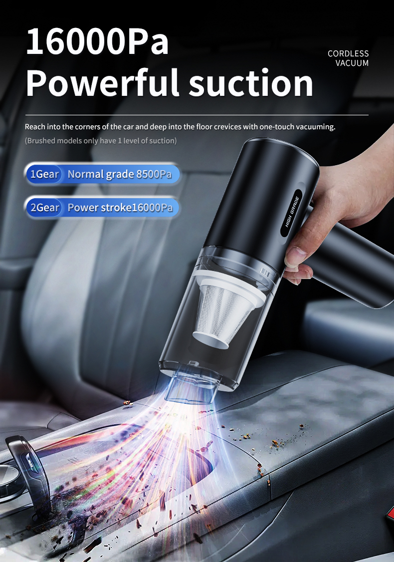 Odkurzacz ręczny czyszczący wnętrze samochodu, tekst o mocy ssania i biegach.