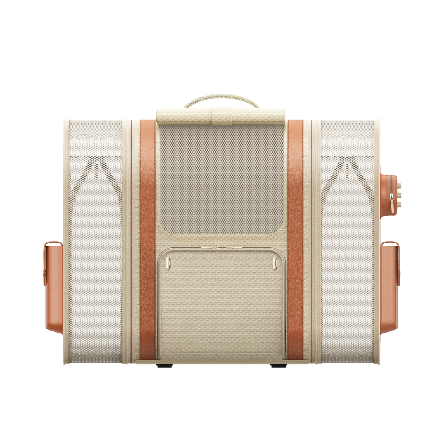 Top view of beige backpack with brown straps and pockets, white background.