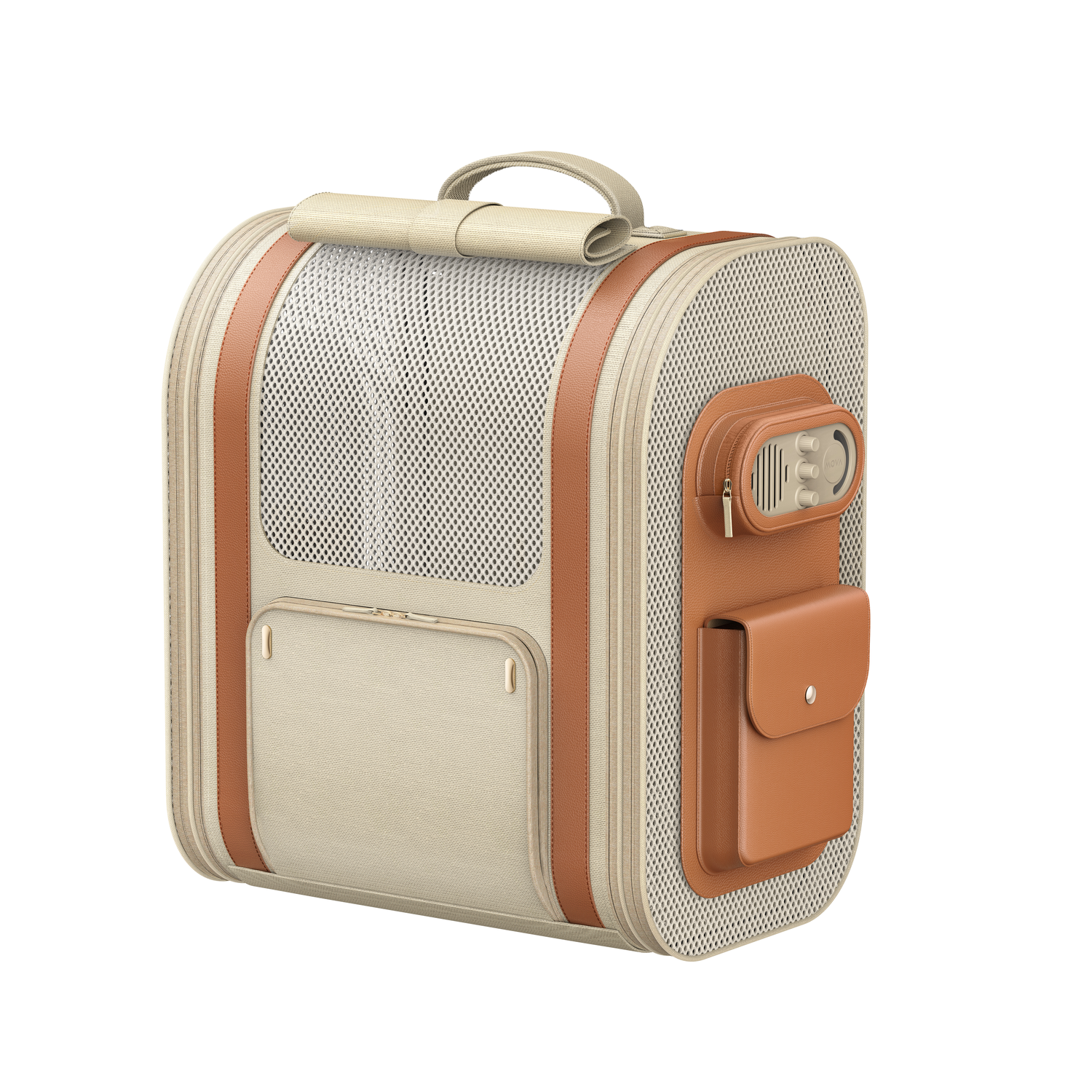 Beige and tan pet carrier with brown leather accents, mesh sides, handle, and a side pocket.
