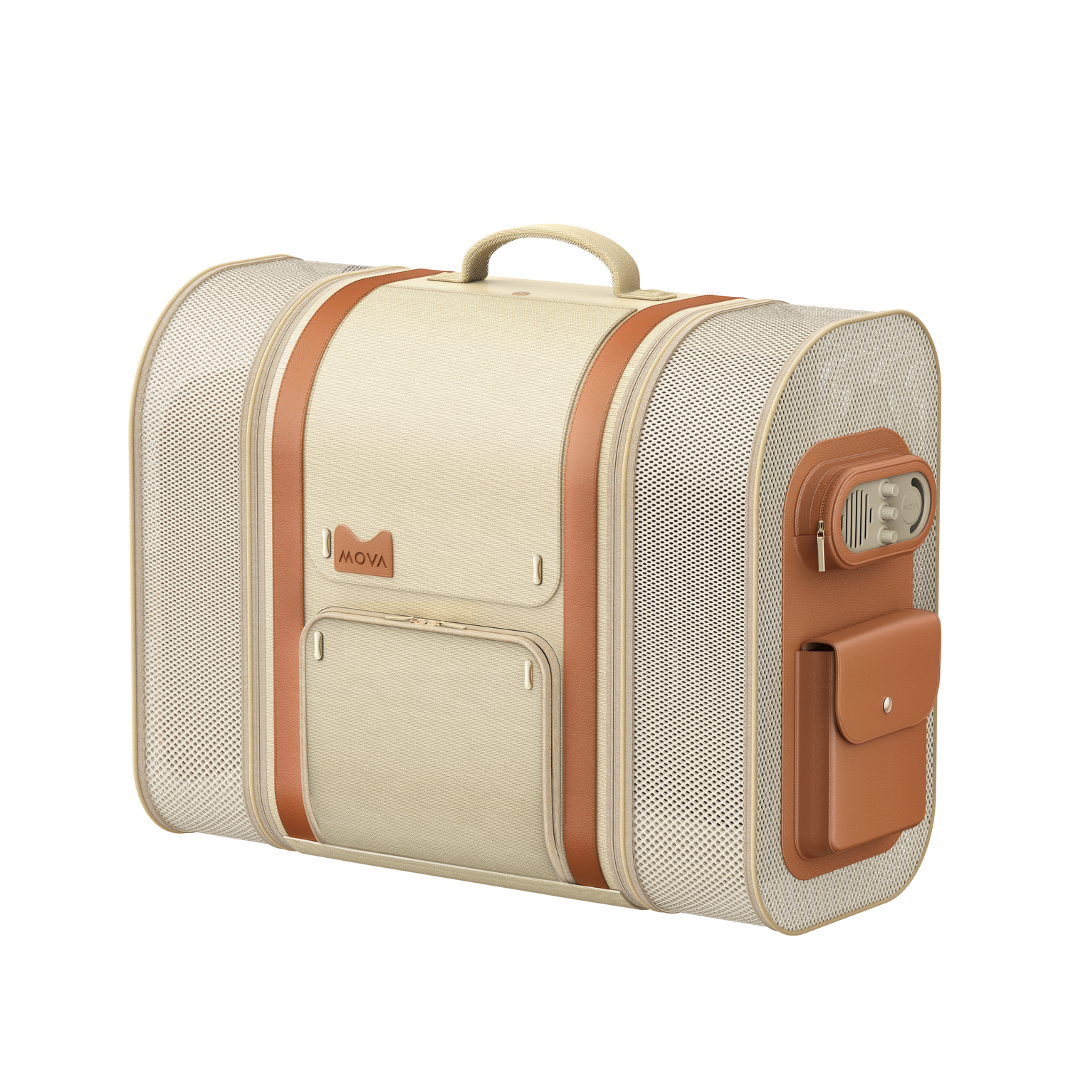 Beige and tan pet carrier with brown leather accents, mesh sides, handle, side pocket, and 'MOVA' logo.