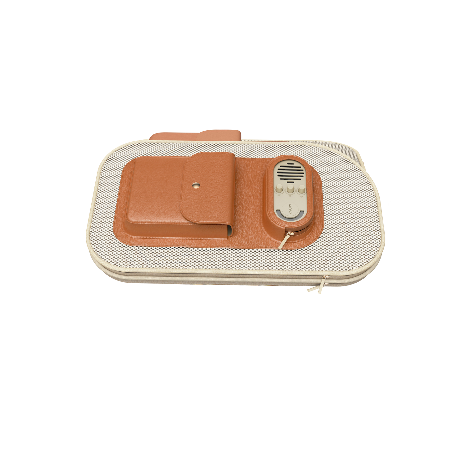 Tan pet carrier with brown leather accents, speaker panel, mesh top, and zipper on white background.