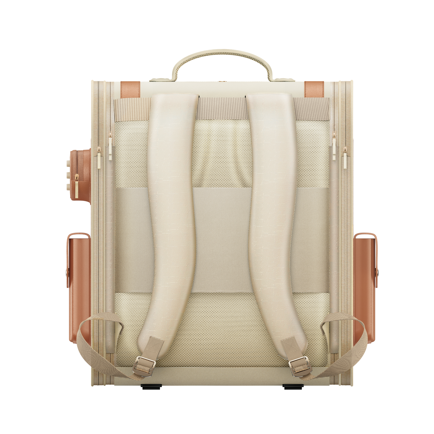Backpack, beige and tan, with straps and pockets, against white. Features include zippers and a handle.