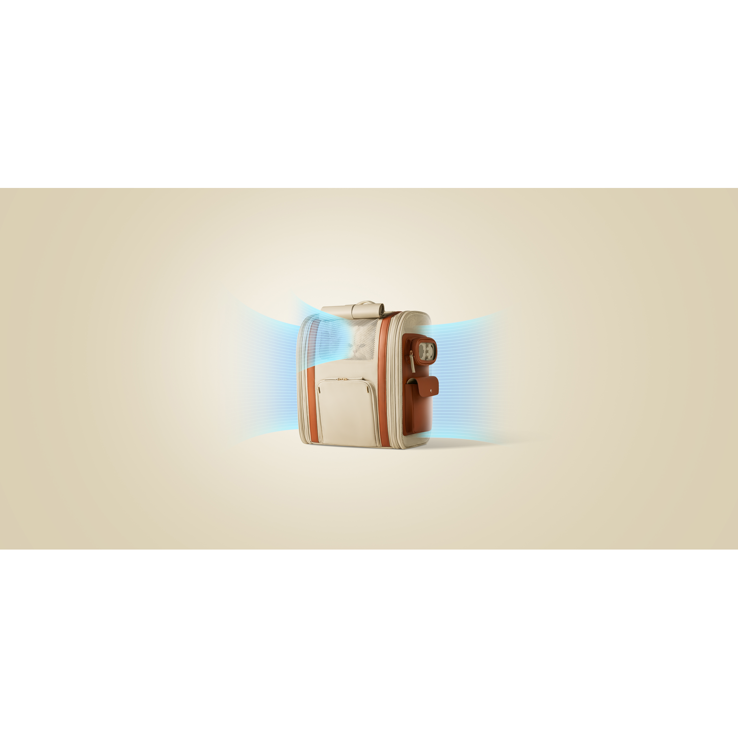 Tan and brown pet carrier with blue air streams against a light beige backdrop.