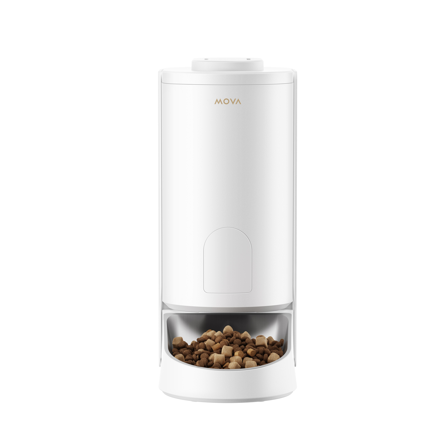 Witte MOVA voerbak met voer in de kom. De voerbak is cilindrisch met een voerdispenser onderaan.