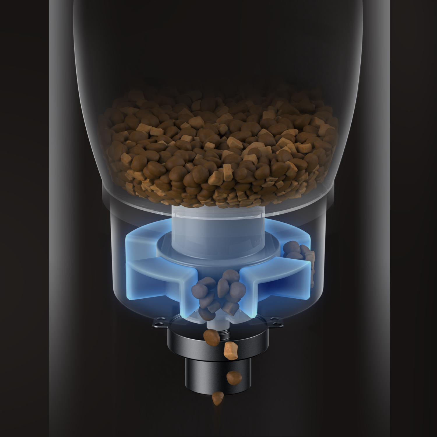 Transparante weergave van een mechanisme van een voerdispenser. Bruine brokken in een blauw verlicht afgiftemechanisme.