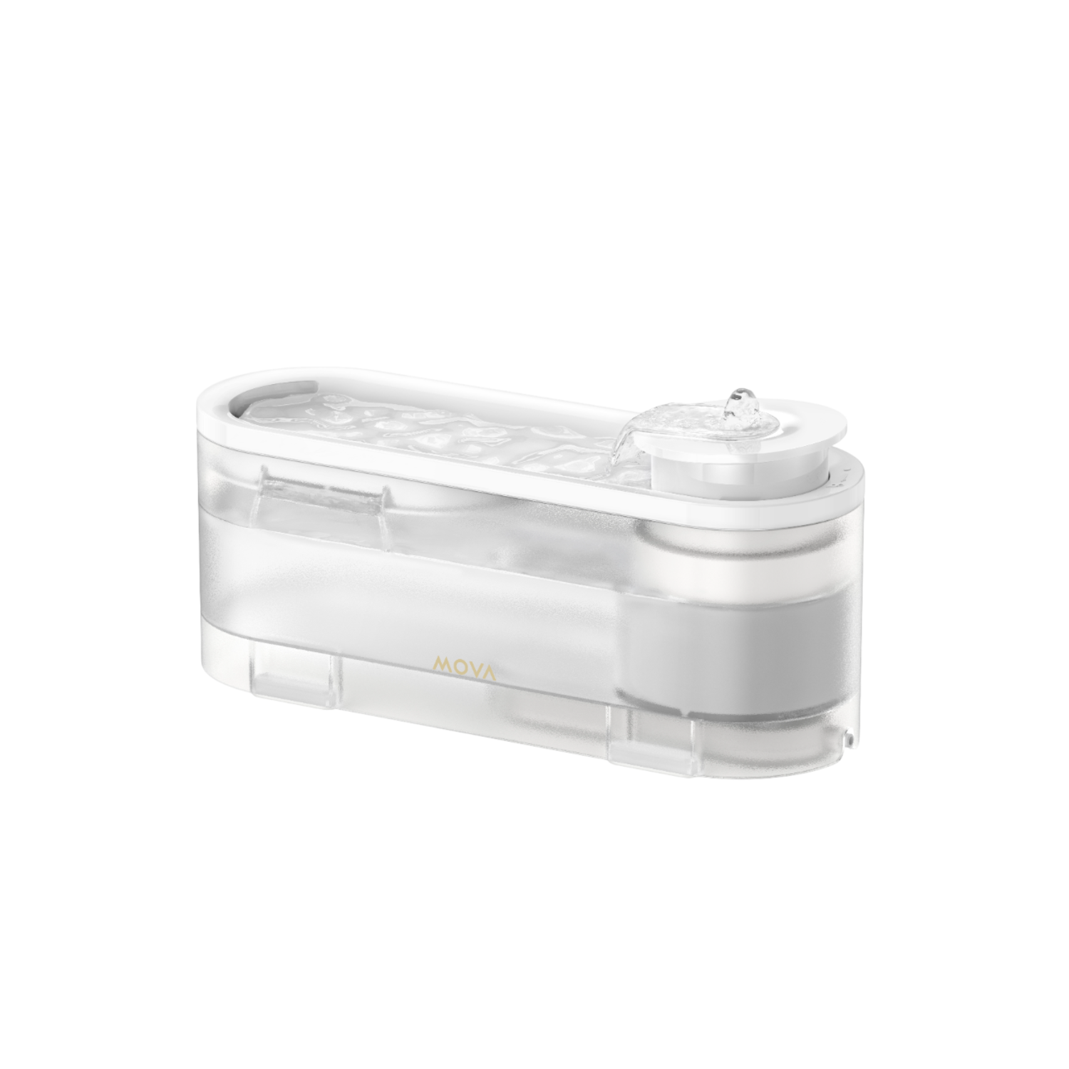 Witte waterfontein voor huisdieren met transparante container. Zwarte achtergrond. MOVA-logo.