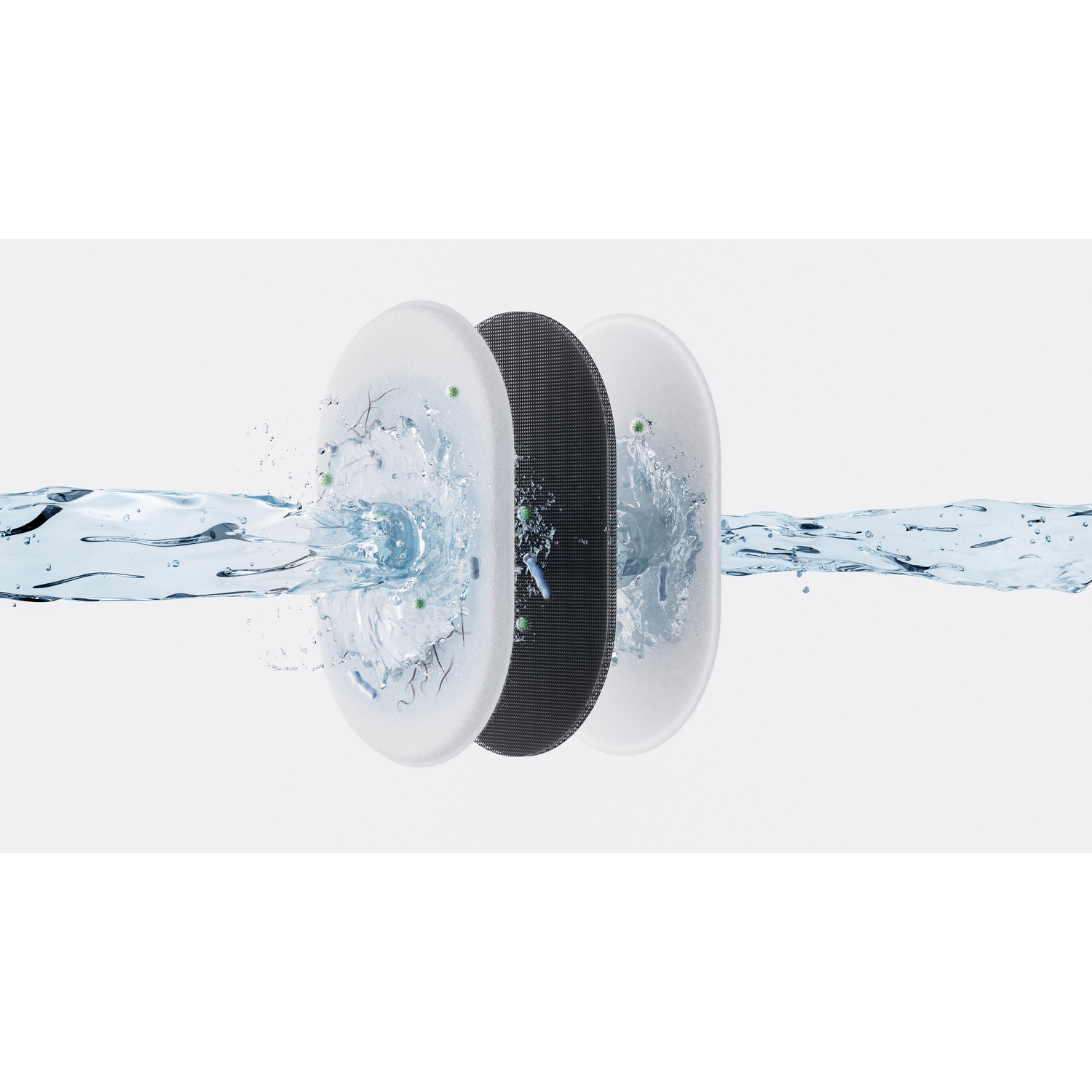 Waterzuiveringsfilter met drie lagen. Water stroomt door het filter.