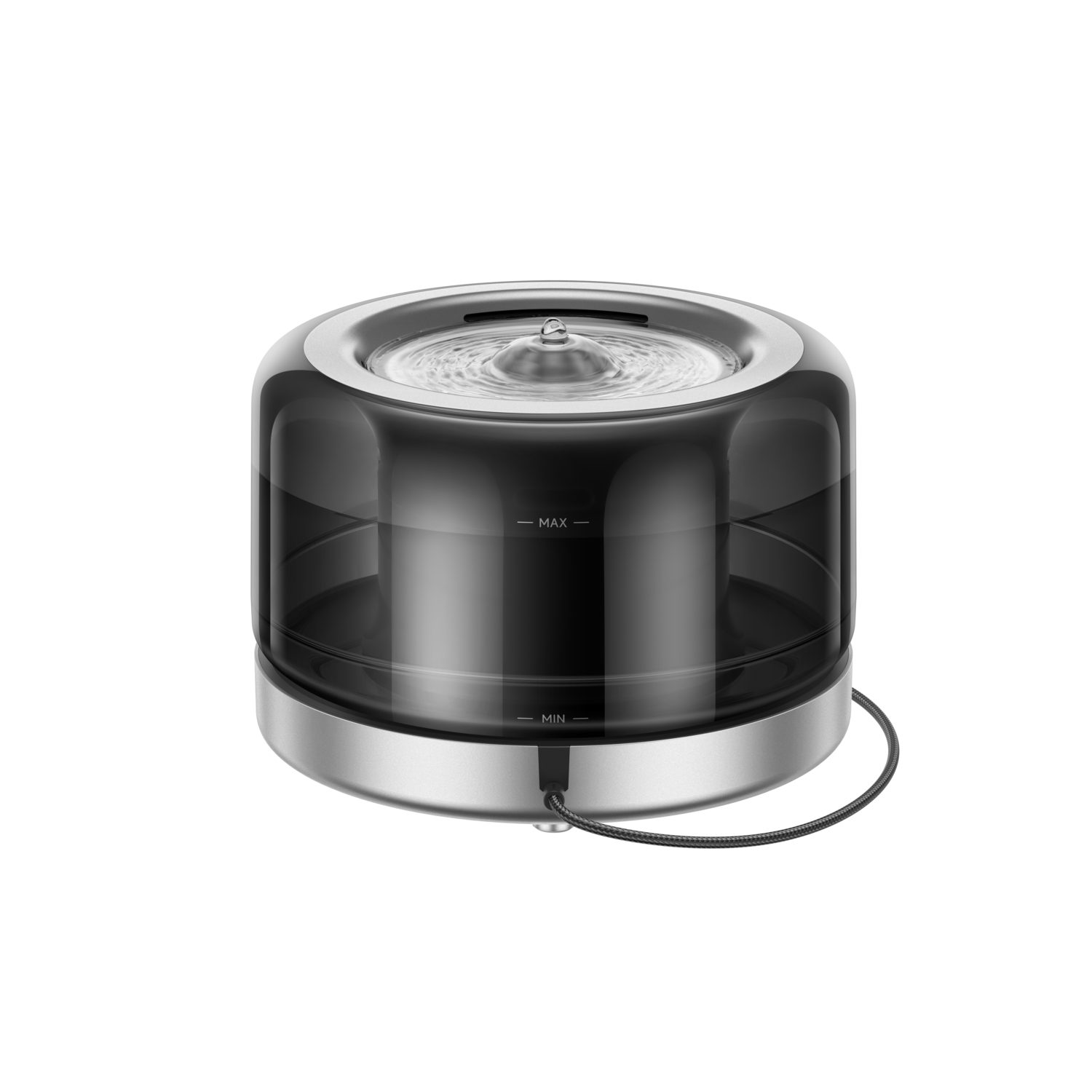 Une fontaine à eau noire et argentée pour animaux de compagnie avec un réservoir d'eau transparent et un câble d'alimentation connecté à l'appareil.