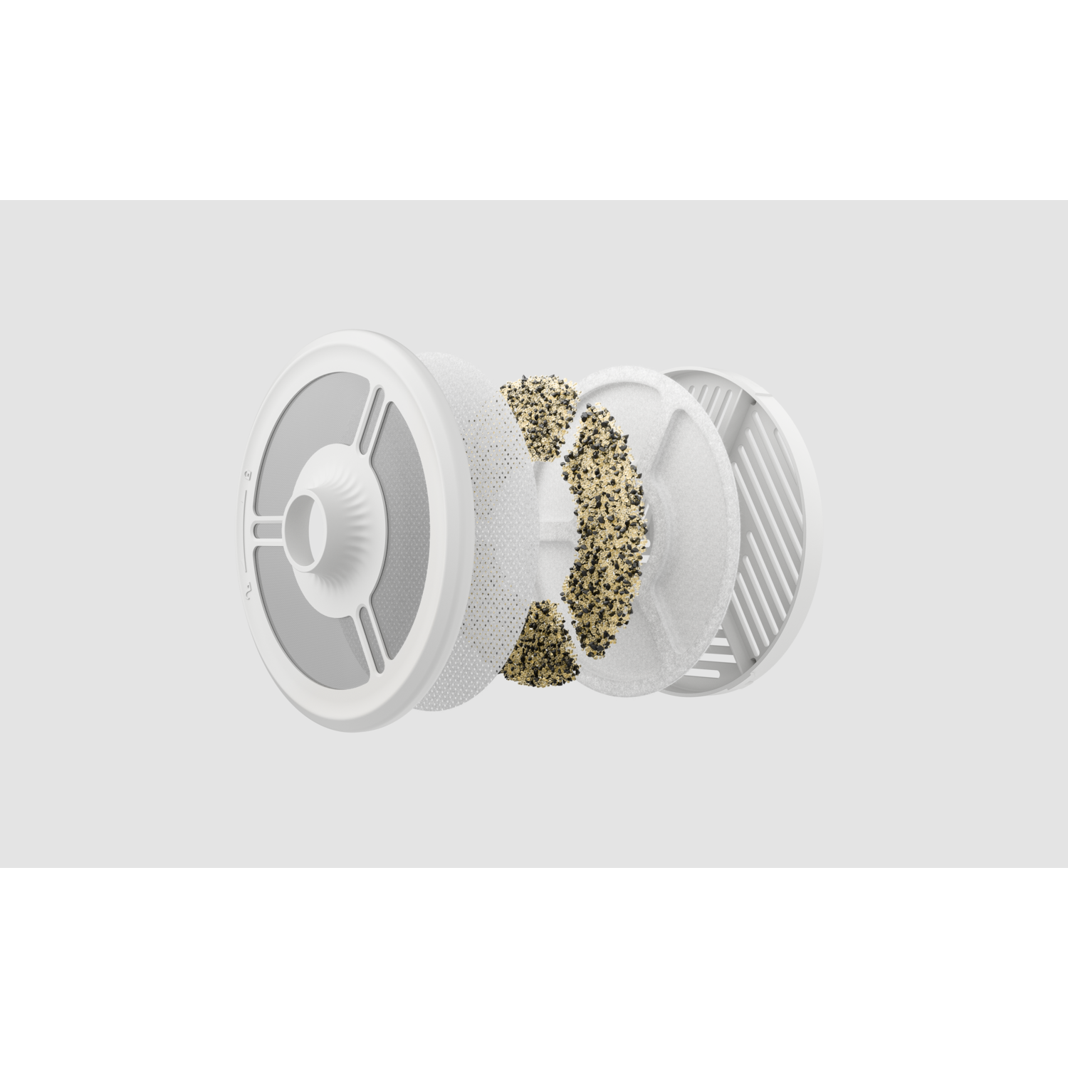 Filtre à eau blanc pour animaux de compagnie en vue éclatée : couches de filtration, y compris un cadre blanc circulaire.