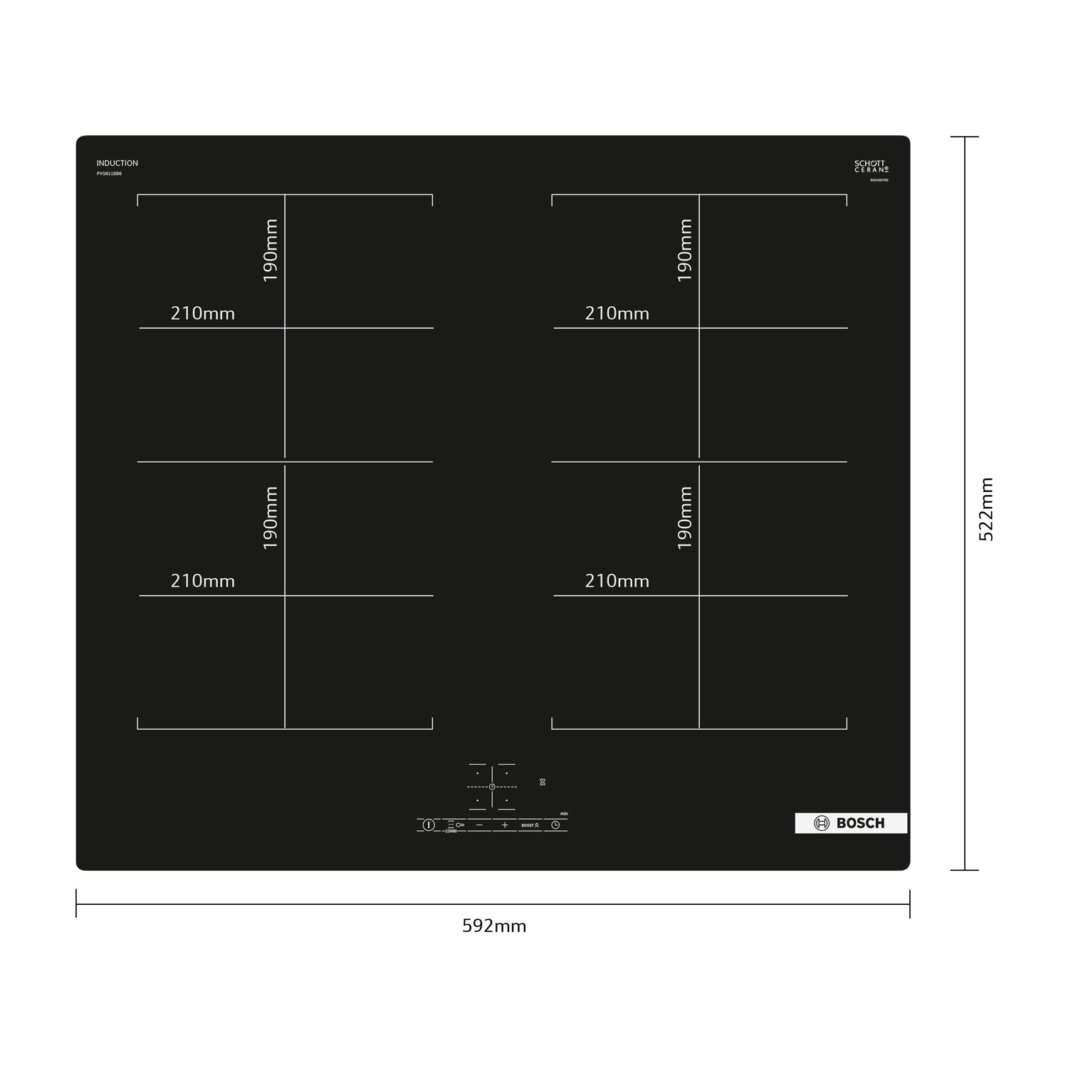 Piano cottura a induzione nero con quattro zone cottura, dimensioni in mm e logo Bosch.