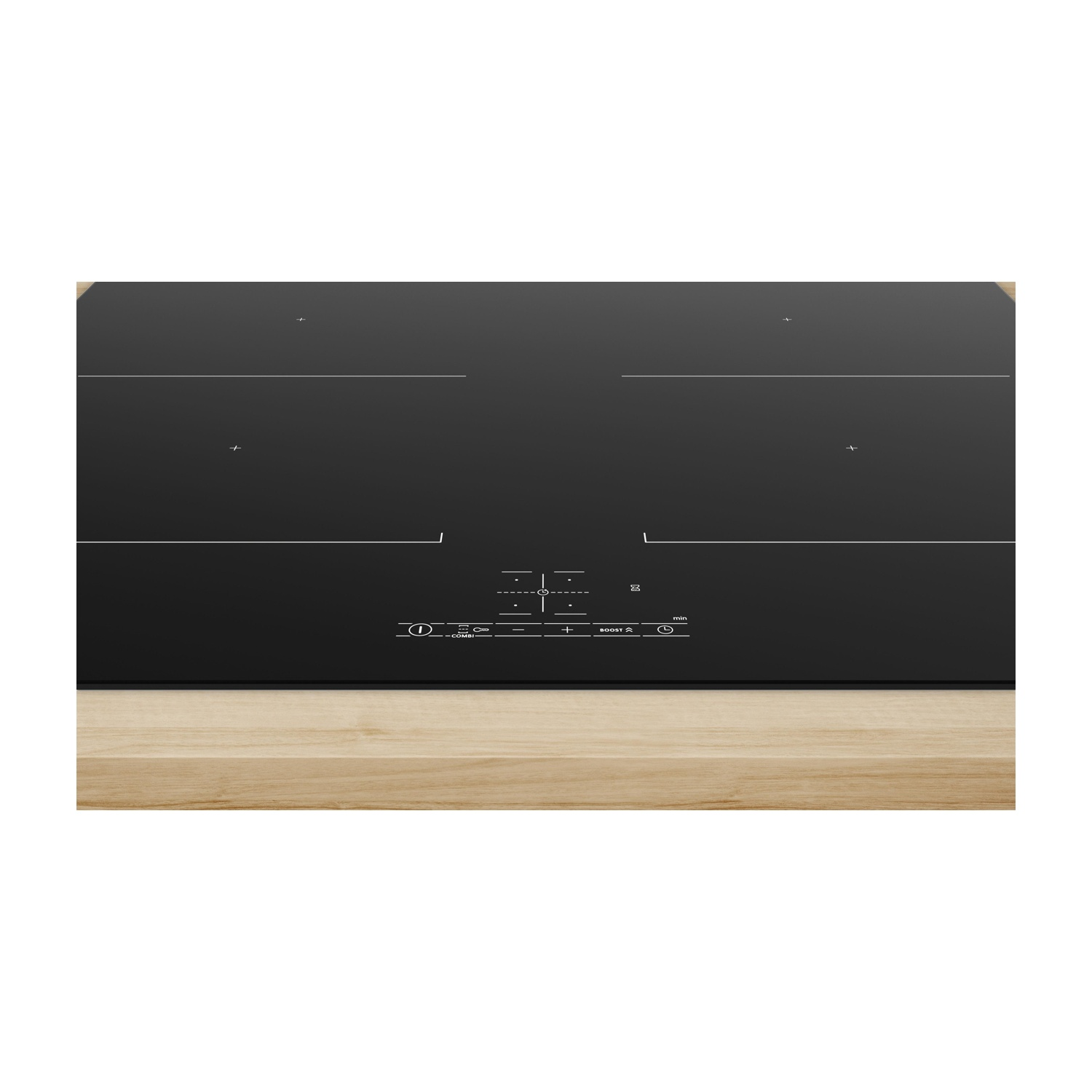 Piano cottura a induzione nero con quattro fuochi su superficie in legno. Pannello di controllo con simboli visibile.