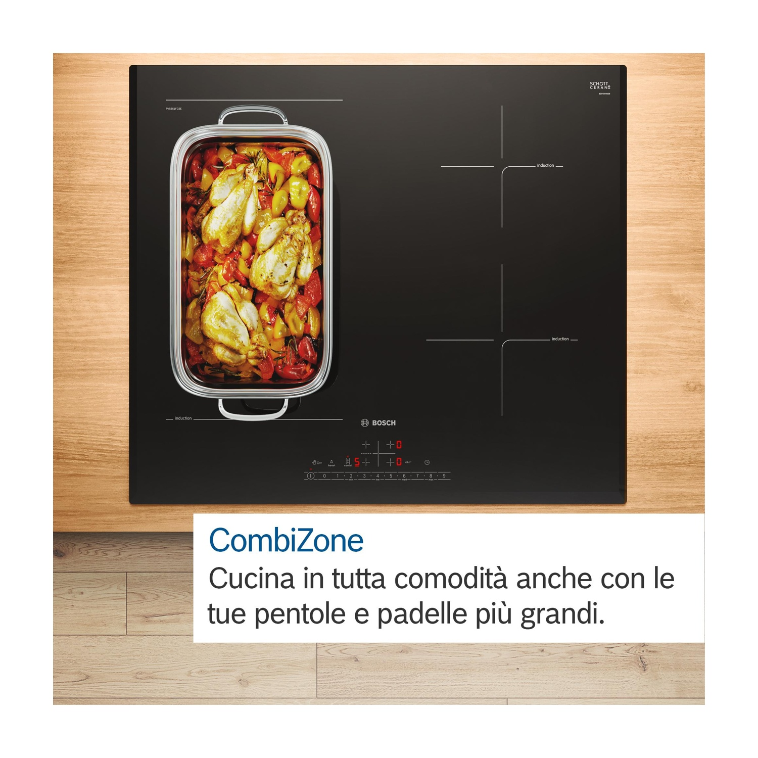 Piano cottura Bosch nero con teglia. Pollo arrosto all'interno su superficie in legno. Testo 'CombiZone'.