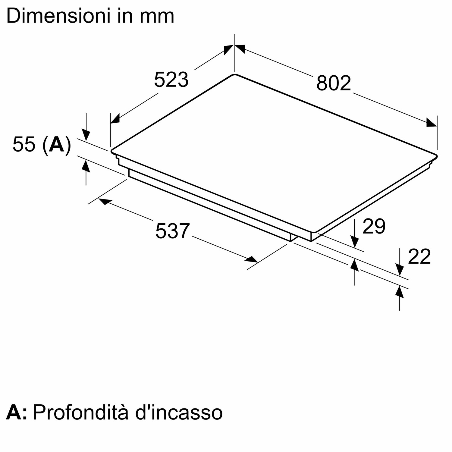 Diagramma con dimensioni in mm di un piano cottura rettangolare, con profondità indicata in italiano.