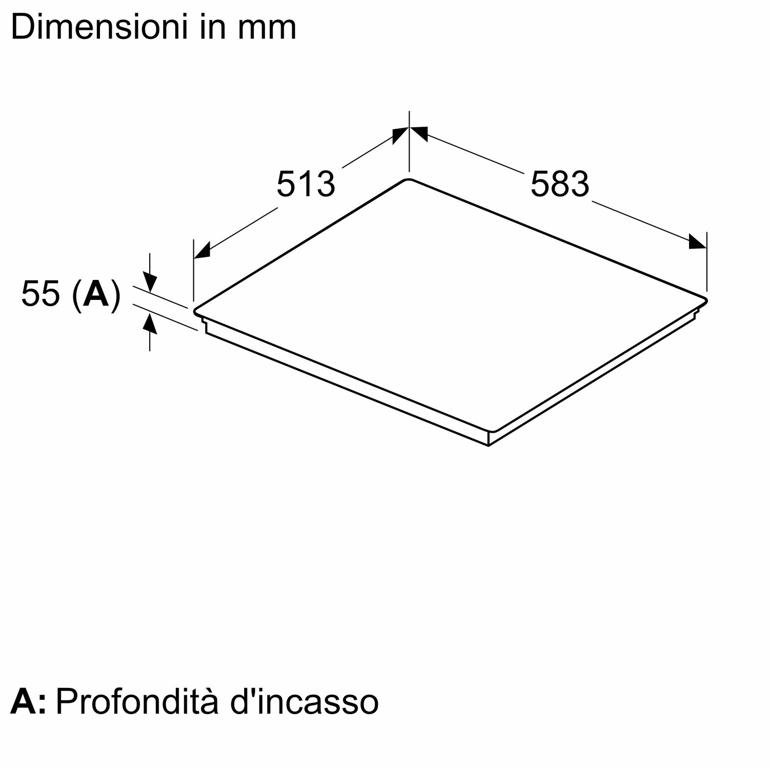 Diagramma delle dimensioni del piano cottura. Forma quadrata con misure: 513mm, 583mm, 55mm(A). Testo: A: Profondità d'incasso.