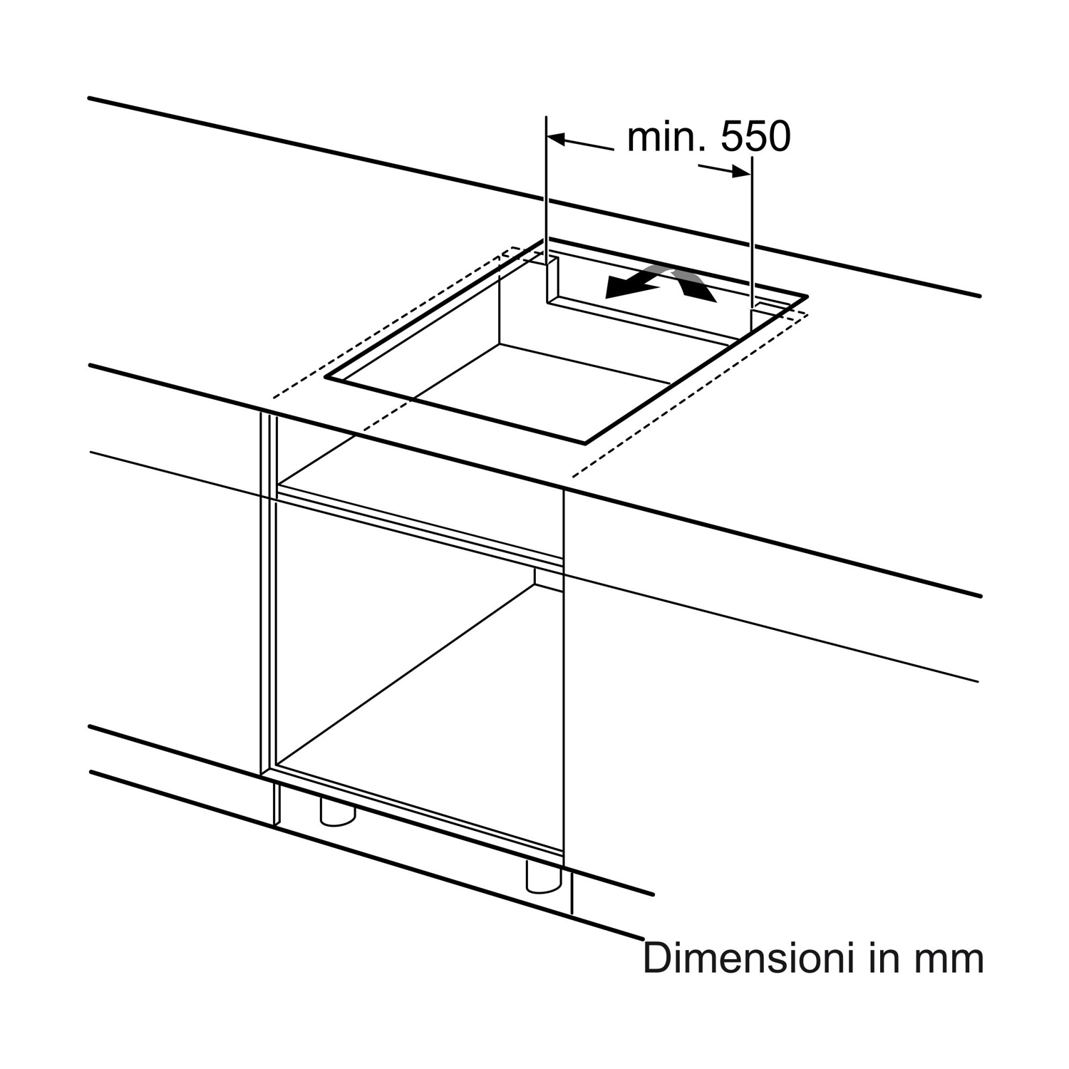 Diagramma che mostra le dimensioni in mm per un piano cottura, inclusa la misura min. 550 e un ritaglio per l'installazione.